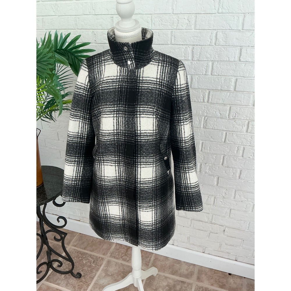 LOFT Plaid Funnel Neck Coat Womens XXS Black White Excellent Mid Length Jacket